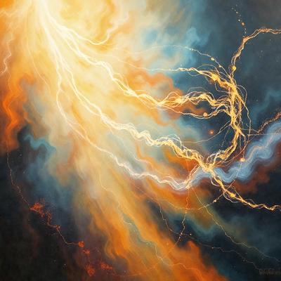 The primary subject of the image is a painting of a brightly colored, swirling, and dynamic scene. The setting is a dark background, which contrasts with the vibrant colors of the painting. The visual style is a combination of digital art and illustration, creating a unique and captivating artwork. The dominant colors are orange, blue, and yellow, which contribute to the energetic and lively atmosphere of the painting.